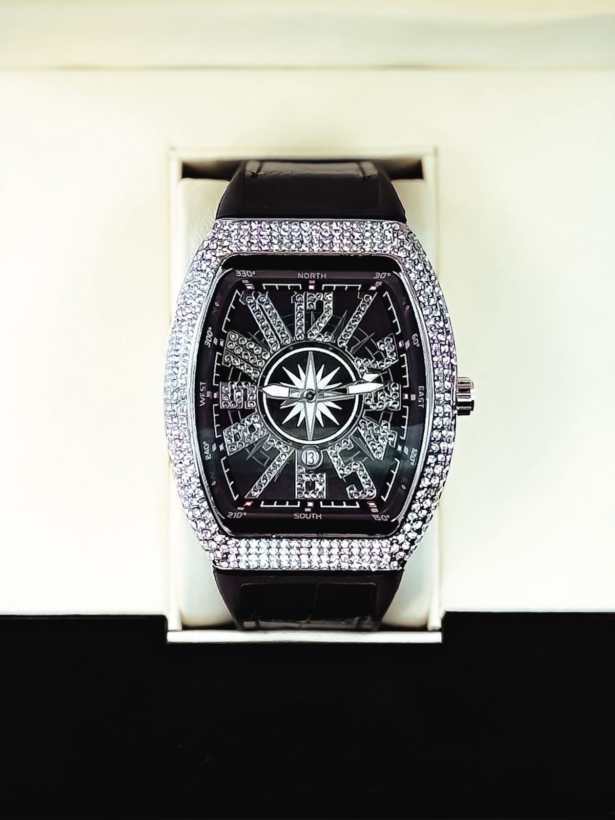 Luxury Men’s Crystal Tonneau Watch – Black Dial, Silver Bling Iced Out Style      RT-524