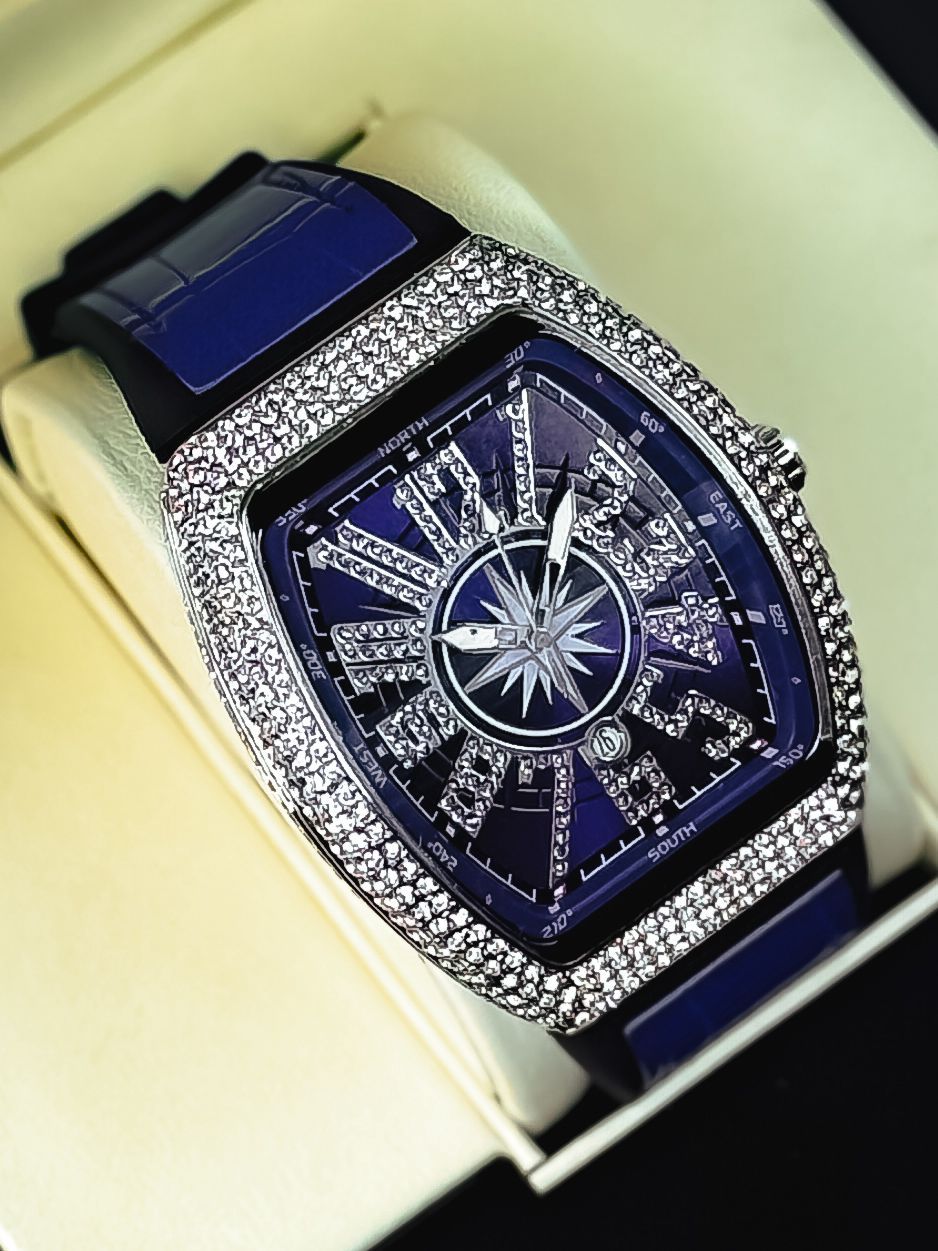 Luxury Men’s Crystal Tonneau Watch – Blue Dial, Silver Iced Out Bling   RT-525