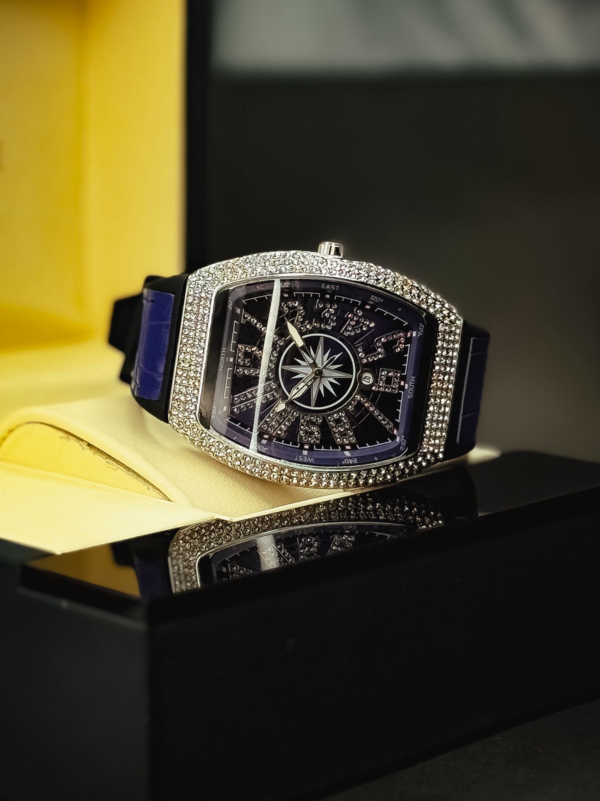 Luxury Men’s Crystal Tonneau Watch – Blue Dial, Silver Iced Out Bling   RT-525