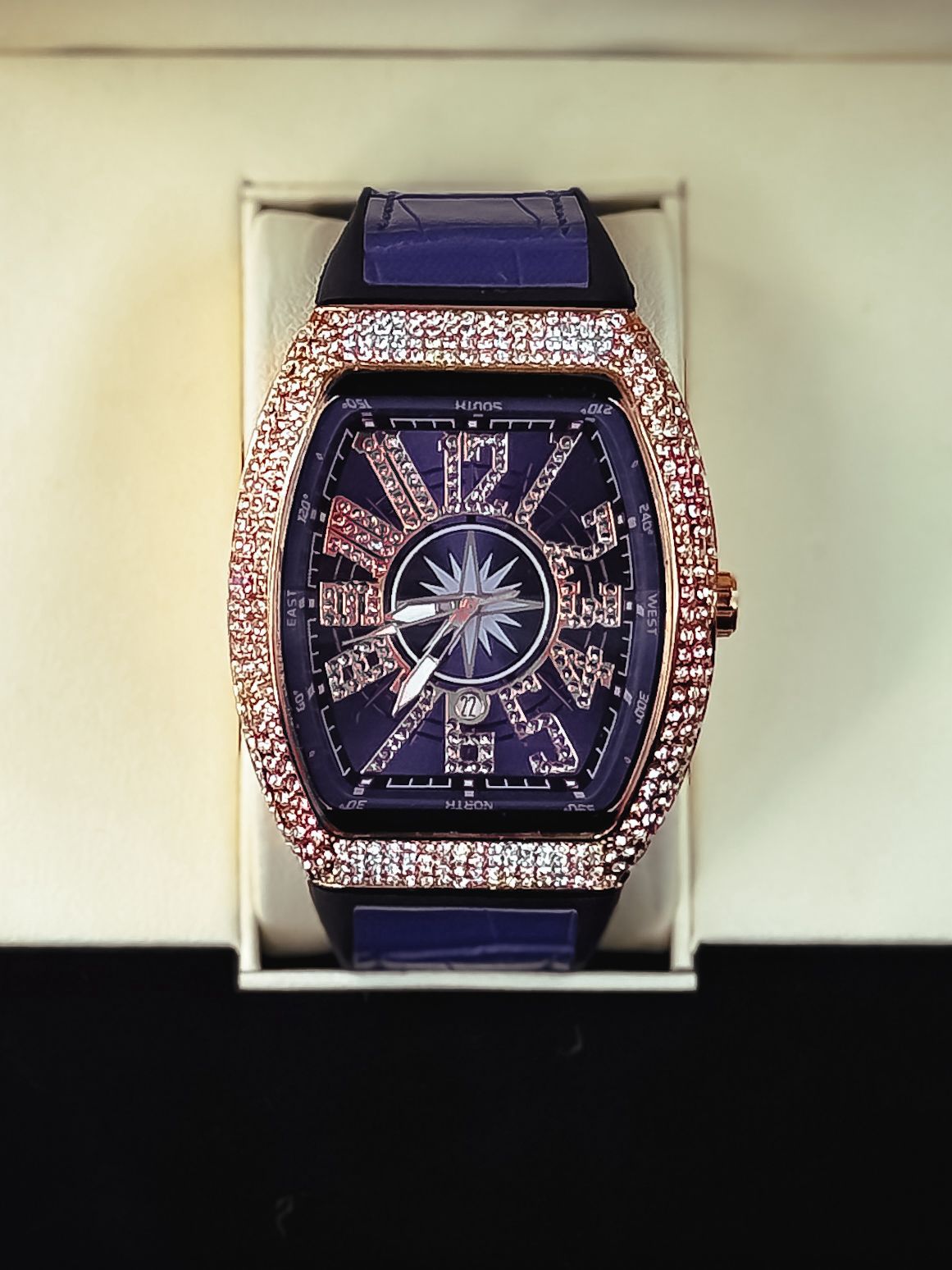 Luxury Men’s Crystal Tonneau Watch – Blue Dial, Silver Iced Out Bling   RT-525