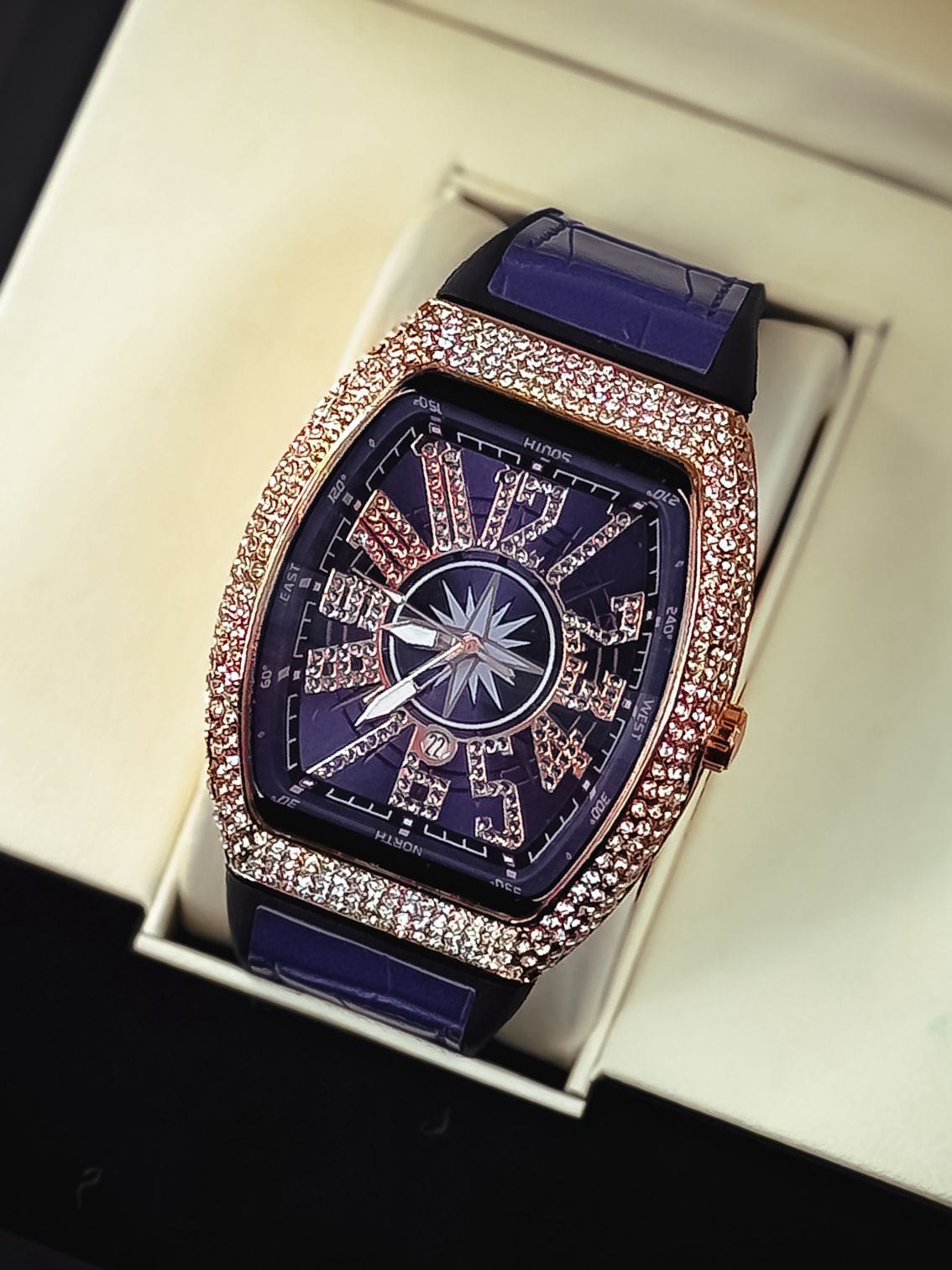 Luxury Men’s Crystal Tonneau Watch – Blue Dial, Silver Iced Out Bling   RT-525